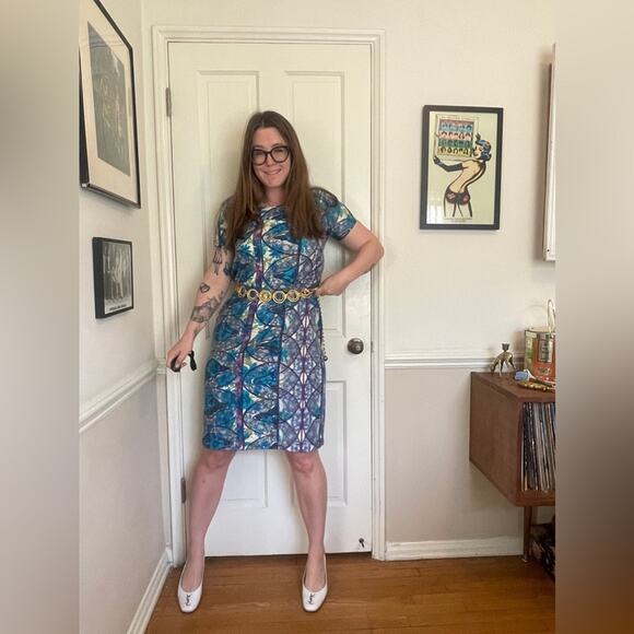 60s Vintage Blue Printed Pull Over Day Dress - Picture 2 of 7